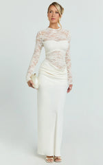 Crisanta Maxi Dress - Long Sleeve Contrast Lace Bodycon Dress in Ivory