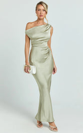 Laurie Maxi Dress - One Shoulder Tie Detail Dress in Light Olive