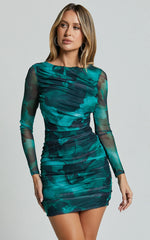 Zita Mini Dress - High Neck Long Sleeve Bodycon Mesh Dress in Green Floral Print