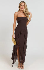 Connie Midi Dress - Ruffle Detail Dress in Chocolate