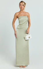 Laurie Maxi Dress - Strapless Draped Satin Dress in Light Olive