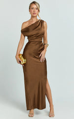 Laurie Maxi Dress - One Shoulder Tie Detail Dress in Chocolate