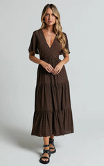 Cryzel Midi Dress - Flutter Sleeve Tiered Dress in Chocolate