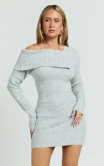 Tess Mini Dress - Asymmetric Off Shoulder Long Sleeve Knit Dress in Light Grey Marl
