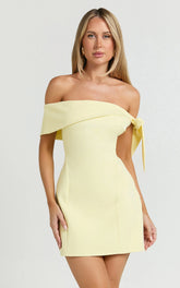 Cecilia Mini Dress - Off Shoulder Tie Detail Dress in Lemon