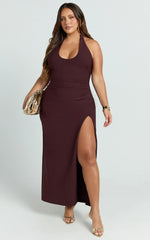 Ruby Maxi Dress - Halter Scoop Neck Low Back Bodycon Dress in Wine