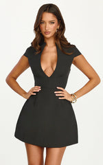 Jacqui Mini Dress - Low Cut Notch Neck Structured Dress in Black