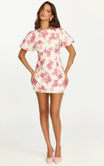 Lila Mini Dress - High Neck Puff Sleeve Lace Back Fitted Dress in Toile De Joie Print