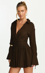 Valerie Mini Dress - Collared Long Sleeve Waist Shirt Dress in Chocolate