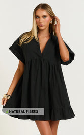 Calissa Mini Dress - Frill Hem Smock Dress in Black