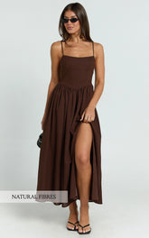 Morris Midi Dress - Linen Scoop Neck Gathered Dress in Chocolate