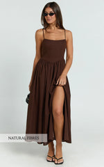 Morris Midi Dress - Linen Scoop Neck Gathered Dress in Chocolate