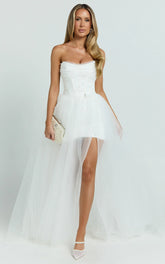Kelsey Mini Dress - Beaded Strapless Corset Panel Dress with Detachable Tulle Skirt in White