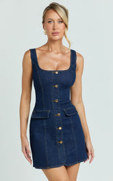 Valentina Mini Dress - Square Neck Button Down Denim Dress in Dark Blue Wash