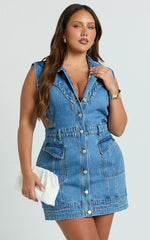 Jasse Mini Dress - Hardware Button Through Denim Dress in Mid Blue Wash