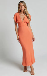 Desiree Midi Dress - V Neck Flutter Short Sleeve Slip Dress in Orange