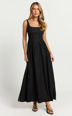 Rhaziya Midi Dress - Sleeveless Straight Neck Fit and Flare Dress in Black