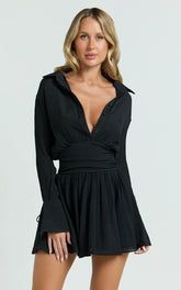 Valerie Mini Dress - Collared Long Sleeve Waist Shirt Dress in Black
