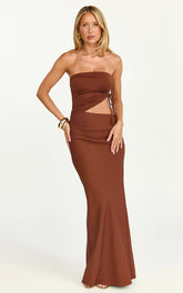 Fergie Maxi Dress - Strapless Side Ruched Cut Out Fitted Dress in chestnut brown