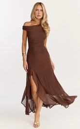 Judee Midi Dress - One Shoulder High Side Split Dress in Chocolate