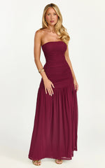Lara Maxi Dress - Strapless Ruched Mesh High Leg Split Dress in Wine