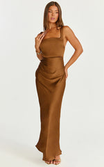 Rumi Midi Dress - Rushed Bodiest Satin Dress in Chocolate