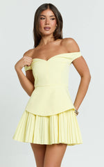 Izara Mini Dress - Off Shoulder Pleated Dress in Lemon