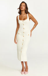 Gabby Midi Dress - Sweetheart Strapped Hardware Button Front Fitted Contrast Trim Knit Dress in Plain White
