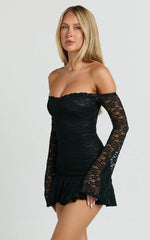 Frieda Mini Dress - Off Shoulder Flared Long Sleeve Stretch Lace Dress in Black