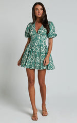 Nelli Mini Dress - Short Puff Sleeve Shirred Back Dress in Green Silhouette