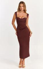 Kenna Maxi Dress - Gathered Bust Tucked Waist Dress in Chocolate