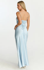 Rumi Midi Dress - Rushed Bodiest Satin Dress in Pale Blue