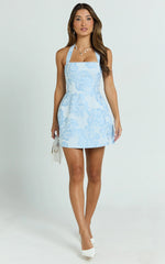 Gabbie Mini Dress - Jacquard Halter Fit And Flare Dress in Blue