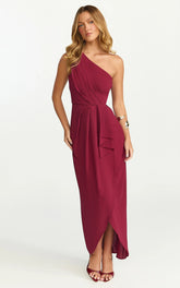 Namaari Midi Dress - Faux Wrap One Shoulder Dress in Wine