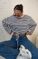 First Time Here Long Sleeve Tee Charcoal/Cream Stripe