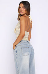 Fated Souls Beaded Halter Top Cream