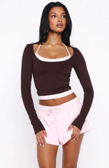 Know Everything Long Sleeve Double Layer Top Chocolate/Pink