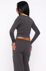 Star Of The Night Long Sleeve V Neck Baby Tee Charcoal