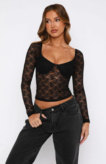 Everything To You Lace Long Sleeve Top Black