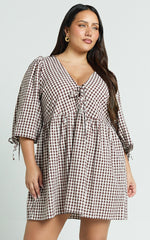 Rosita Mini Dress - Tie Front Puff Sleeve Dress in Brown and White Check