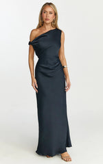 Lira Midi Dress - One Shoulder Satin Dress in Navy