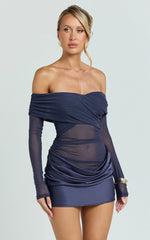 Jade Mini Dress - Long Sleeve Off Shoulder Draped Bias Cut Dress in Ink