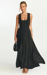 Luciana Maxi Dress - U Neck Smock Dress in Black