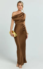 Laurie Maxi Dress - One Shoulder Tie Detail Dress in Chocolate