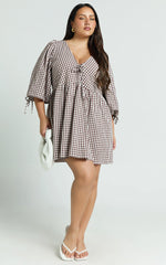 Rosita Mini Dress - Tie Front Puff Sleeve Dress in Brown and White Check
