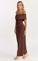 Pearce Maxi Dress - Gathered One Sleeve Bodycon Dress in Brown