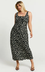 Elanora Midi Dress - Scoop Neck Keyhole Front Empire Waist Bias Cut Slip Dress in Black Wildflower