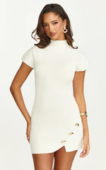 Roselle Mini Dress - High Neck Button Detail Fitted Knit Dress in White