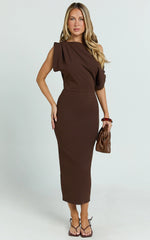 Nalfie Midi Dress - Tipped Shoulder Jersey Drape Dress in Chocolate