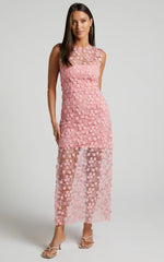 Hazel Midi Dress - 3D Flower Net Bodycon Dress in Pink